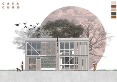 an architectural rendering of a house with trees and birds flying around it, in front of a full moon