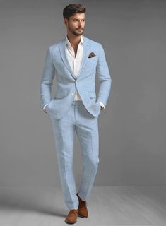 The suit is a must have summer tailored outfit as it's about your own personal climate control system. Crafted from linen, the textured fabric will make you a summer star, an ideal suit for cruises and beach weddings that keeps you cooler and more comfortable in the heat. Look Includes Tropical Blue Pure Linen Fabric T Ocean Blue Suit Men, Men’s Summer Linen Suit, Men’s Summer Wedding Outfit, Mens Outfits Blue, Blue Linen Suit, Wedding Fits, Beach Formal, Casual Grooms, Male Wedding