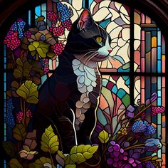 a stained glass window with a black cat sitting in front of it and flowers behind it