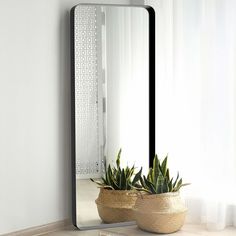 a mirror sitting on top of a counter next to a plant in a potted planter