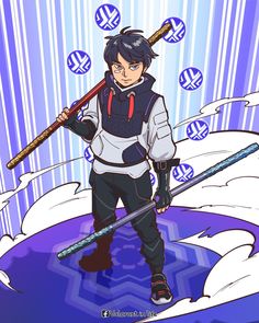 an anime character holding a baseball bat in his hand and standing on the ground with snow around