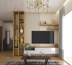 a living room filled with furniture and a flat screen tv mounted on a wall above a coffee table