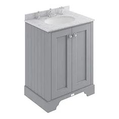 a bathroom vanity with two sinks and a cabinet in grey color, isolated against a white background