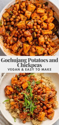 two pictures with different types of food in them and the words gochuling potatoes and chickpeas vegan & easy to make