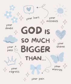 a poster with the words god is so much bigger than in blue and grey colors