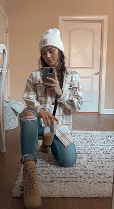 Fall outfits, outfit inspo, shacket, ripped jeans, fall boots, carhartt beanie, braids Beanie Outfit For Work, Cozy Beanie Outfits, Carhart Hats On Women, Beanie Hats Outfit, Beanie Flannel Outfit, Cute Fall Outfits With Beanies, Flannel Outfits For Fall, Cold Weather Outfits Beanie, Woman Beanie Outfits