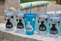 the bride and groom tumblers are lined up next to each other in front of a pool