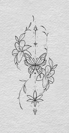 a black and white drawing of flowers with butterflies flying around the flower, on a piece of paper