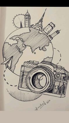 a drawing of a camera on top of a globe