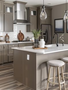 a kitchen with two stools next to an island