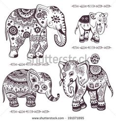 three elephants with ornaments on their backs and tusks, one in black and white