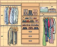 an image of a closet with clothes hanging on the shelves and other items in it