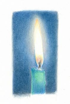 a drawing of a lit candle on a white paper with blue and green colors in the background