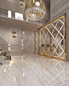 the interior of an elegantly decorated room with chandelier and marble flooring