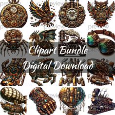 digital clipart bundle with steampunk and mechanical elements