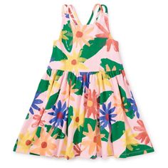 Soft Cotton Dress With Flower Detail And Straps In Back. Fitted Bodice Circle Skirt Sleeveless Cross Straps Back Detail Below Mid-Thigh Length 95% Cotton 5% Spandex Machine Wash Dandelion Dress, Mexican Sunflower, Girls Ruffle Dress, Baby Graphic Tees, Wrap Romper, Clothes For Kids, Girls Stripes, Sunflower Print, Baby Newborn