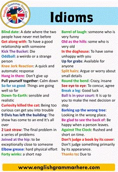 an english poster with the words idioms in different colors and font on it