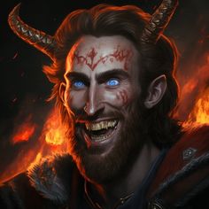 a man with blue eyes and horns on his face