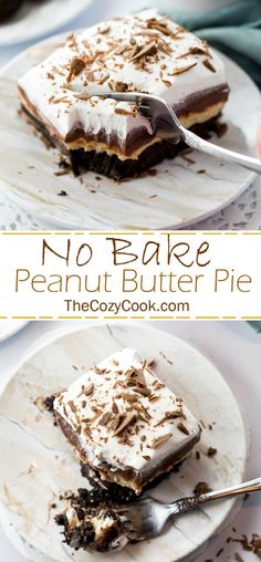 no bake peanut butter pie on a white plate with a fork in the middle