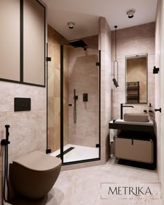 a bathroom with a stand up shower next to a sink and toilet in the corner