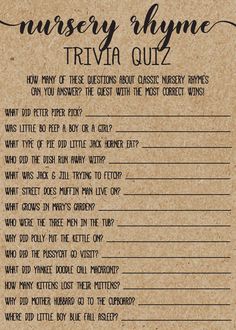 a brown piece of paper with the words nursery hygme trivia quiz on it