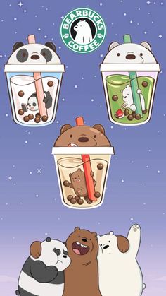 three cartoon bears are in front of starbucks's coffee cups with pandas on them