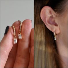 These huggie style earrings feature dainty baguette crystals on 12mm Pave hoops! Earrings are gold plated with grade 5A cubic zirconia. Emerald cut charm measures 3 x 6 millimeters. Earrings are not eligible for return or exchange. Teardrop style can be found here - https://www.etsy.com/ca/listing/1009273921 DETAILS: Grade 5A Cubic Zirconia diamonds Base metal is brass with gold plating 12 millimeters is the outside diameter of the hoops Baguette charm are approx. 3 x 6 millimeters All jewelry i Emerald Cut Earrings, Baguette Earrings, Baguette Earring, Mom Earrings, Gold Earrings Models, Preppy Jewelry, Earrings Diamond, Hoops Earrings, Diamond Simulant