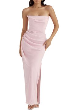 HOUSE OF CB Adrienne Gathered Strapless Gown | Nordstrom Light Pink Formal Dresses, Light Pink Prom Dress, Light Pink Bridesmaid Dresses, Dream Prom Dress, Pink Satin Dress, Pink Long Dress, Pink Strapless Dress, Light Pink Dress, Pink Formal Dresses