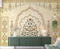 Transform your space with our rajasthani jharokha arches wallpaper mural, featuring exquisite Indian mughal architecture and luxurious floral designs. This traditional Indian haveli wall art captures the essence of Indian heritage, making it perfect for home decor or luxury hotel settings. Crafted from high-quality canvas fabric, this vintage wall mural adds an elegant touch to any room. Elevate your interior with this stunning handmade design that brings the beauty of palace culture into your h South Asian Wallpaper, Garima Arora, Indian Haveli, Arches Wallpaper, Post Background, Console Unit, Modern Rock, Floral Wall Mural, Decor Paintings