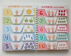 an open book with numbers and symbols on the pages, including one number matching sticker