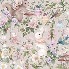 a wallpaper with flowers, birds and rabbits in pastel pinks on a pale background