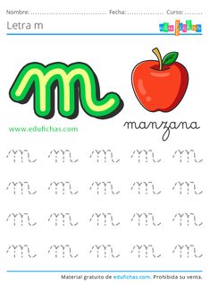 the letter m worksheet with an apple and letters to spell it in spanish