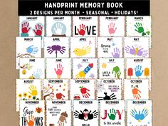 the handprint memory book is displayed on a brown background with colorful images and words