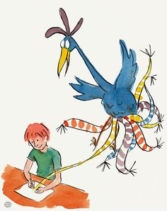 a drawing of a boy writing with a bird on his shoulder and another bird flying above him