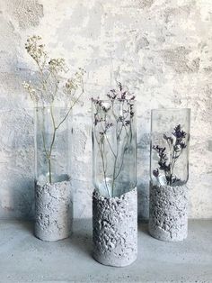 three vases with plants in them sitting on a table