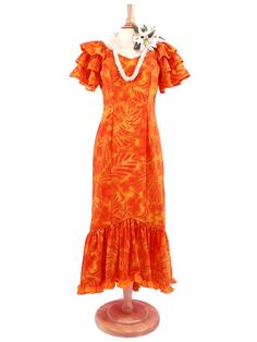 Monstera Orange Poly Cotton Hawaiian Big Ruffle Sleeve Long Dress | AlohaOutlet Marshallese Dress Style, Mumu Dress Pattern, Hula Dress, Dress Hawaiian Style, Samoan Dress, Coconut Bra, Ti Leaf, Hawaiian Muumuu, Island Style Clothing