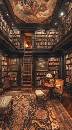 Elegant home library with high bookshelves, vintage writing desk, and ornate rug. Perfect haven for literature enthusiasts. High Bookshelves, Decor With Books, Install Floating Shelves, 3 Floating Shelves, In Home Library, Plants Vases, Home Design Architecture, Books By Color, Future Library