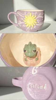 two ceramic cups and a teapot with a small frog in the middle one has a sunflower on it