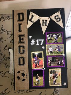 a collage of photos is hanging on the wall in front of a soccer themed bulletin board