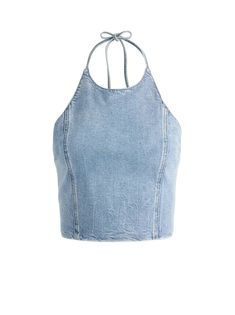 Mujer Top Corto Con Cuello Halter Y Lazo En Azul Georgia Vintage Jaymee | Alicia y Olivia Trendy Stretch Medium Wash Crop Top, Cropped Halter Top, Alice And Olivia, Halter Crop Top, Tie Neck, Halter Top, Clothes Accessories, Neck Tie, Georgia