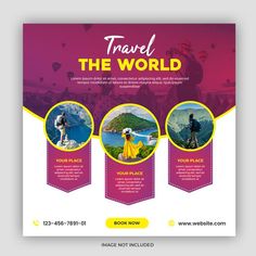 the travel flyer is shown with three different photos and text on it, including an image of