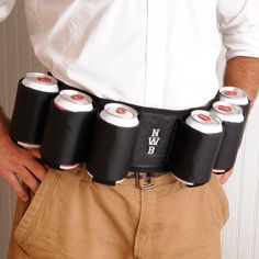 a man wearing a belt with six cans in it