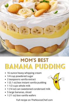 a banana pudding recipe in a glass dish