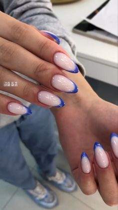 French Nail Inspo Almond, Blue Gel Nails Almond, Nails Inspiration Almond Classy, French Top Almond Nails, Trendy Almond Nails 2024, Trendy Summer Nails French Tip, Nail Inspo Acrylic Almond, Acrylic Almond Nails Ideas, Short Almond Nail Art