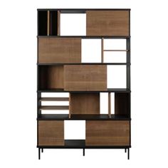 an open bookcase with wooden shelves and black legs