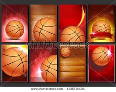 basketball ball with red ribbon and flames on the background, set of four different images