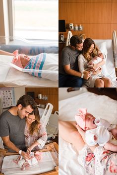 A newborn little girl with her parents during a photo shoot taken in her first 48 hours of life. Newborn Picture Ideas Hospital, Newborn Birth Photography, Post Delivery Pictures, Newborn Home Photoshoot Bed, Newborn Picture In Hospital, Fresh 48 Picture Ideas, Newborn First 48 Photography, Newborn Fresh 48, Newborn Photos At The Hospital