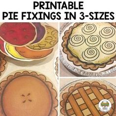 there are pictures of pies and pie plates on the table with text that reads printable pie fixings in 3 - sizes