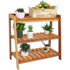 a wooden shelf with potted plants on it