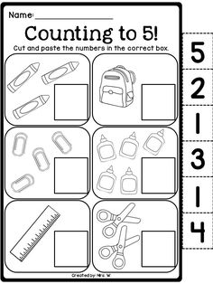 the worksheet for counting to 5 is shown with scissors, pencils and other items